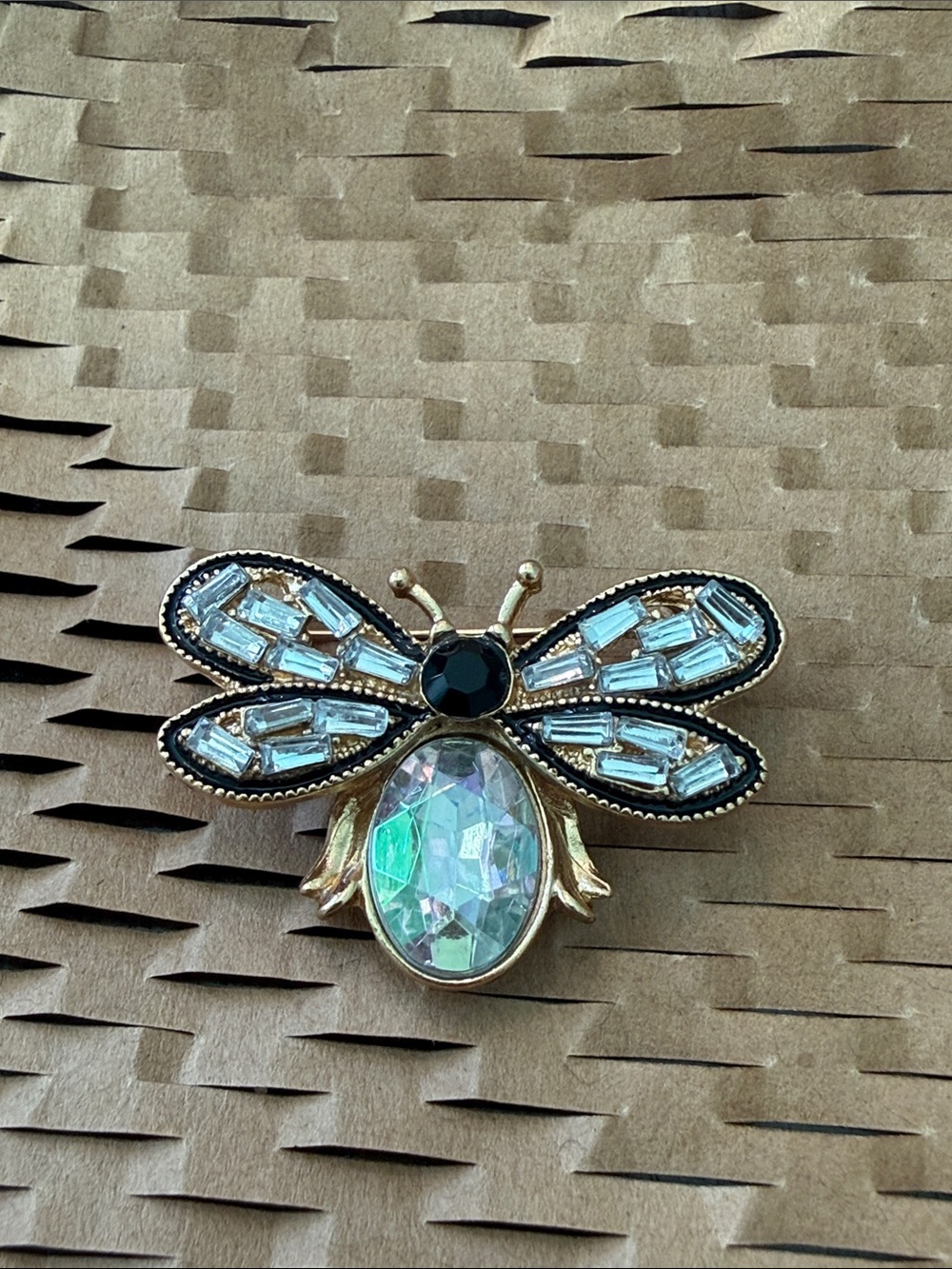 Crystal Bee Brooch Pin in Gold with Iridescent and Black Stones